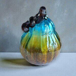 Handblown Blue Amber Rustic Crackle Glass AUTUMN PUMPKIN Gourd Fall Halloween